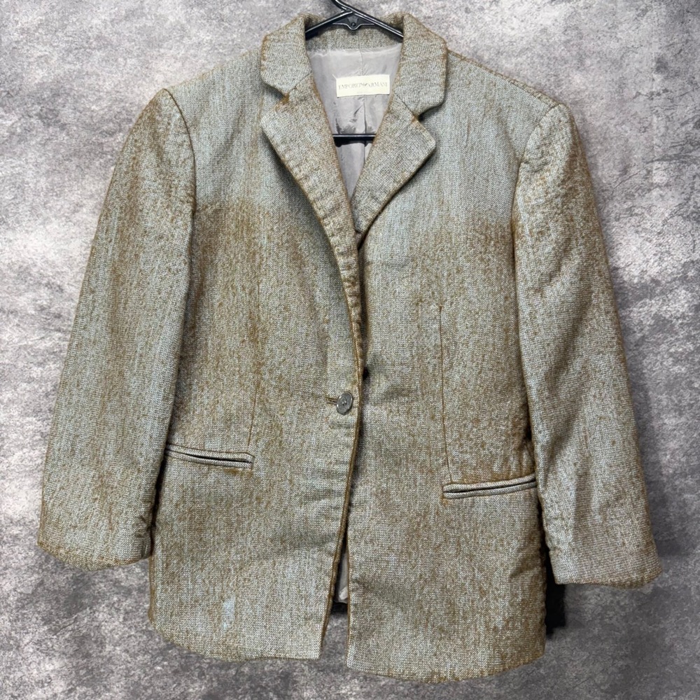 Emporio Armani Blazer Jacket Women's Size 40 Gray Green Cotton Wool 3/4 Sleeve